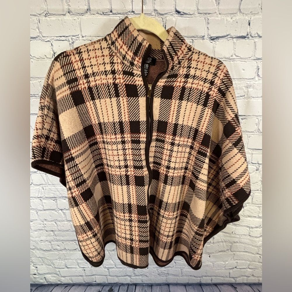 JONES NEW YORK Signature Cotton Blend Plaid Front Zipper Preppy Poncho S/M